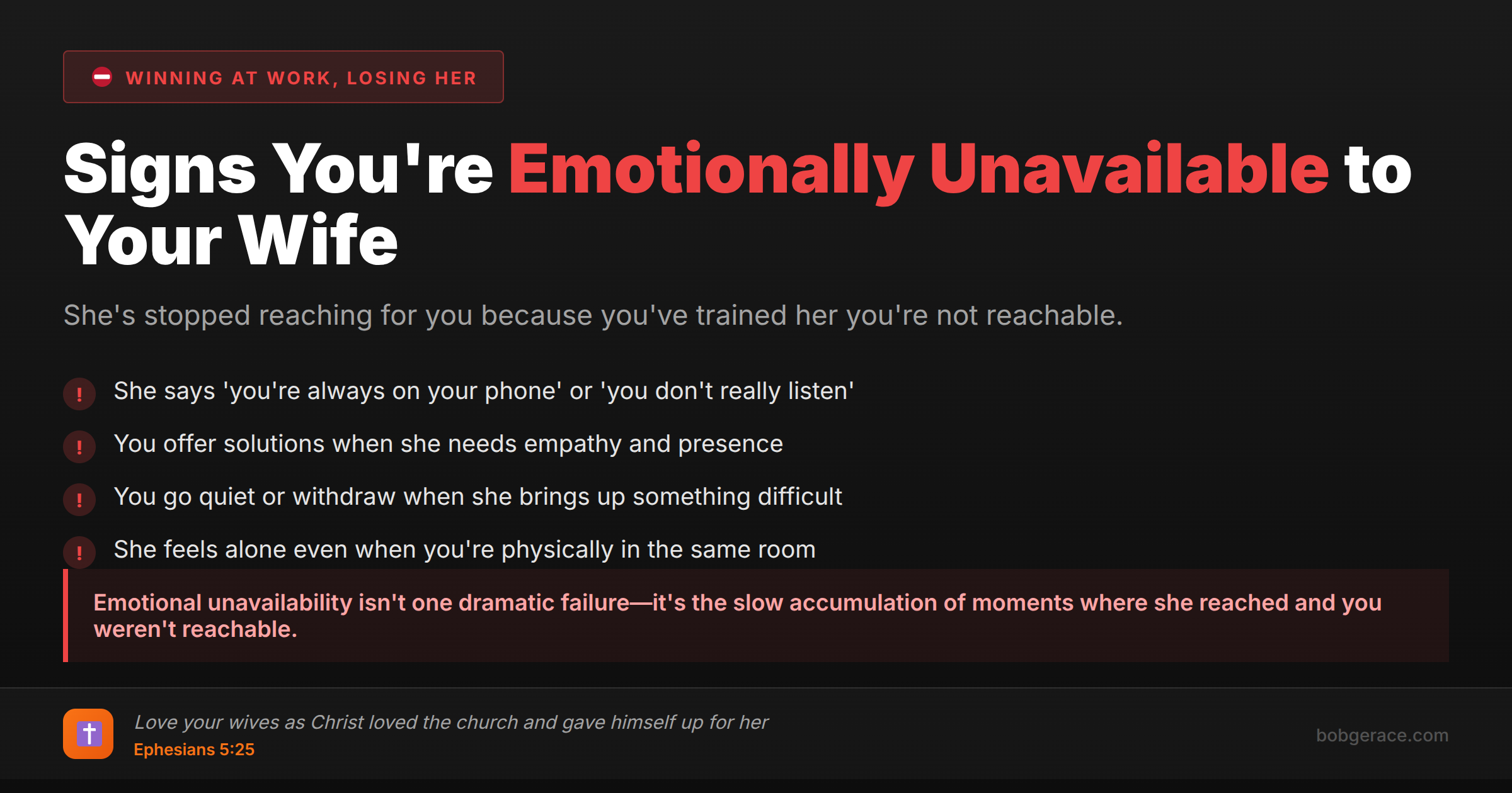 Warning signs that you're an emotionally unavailable husband - marriage coaching advice with biblical foundation