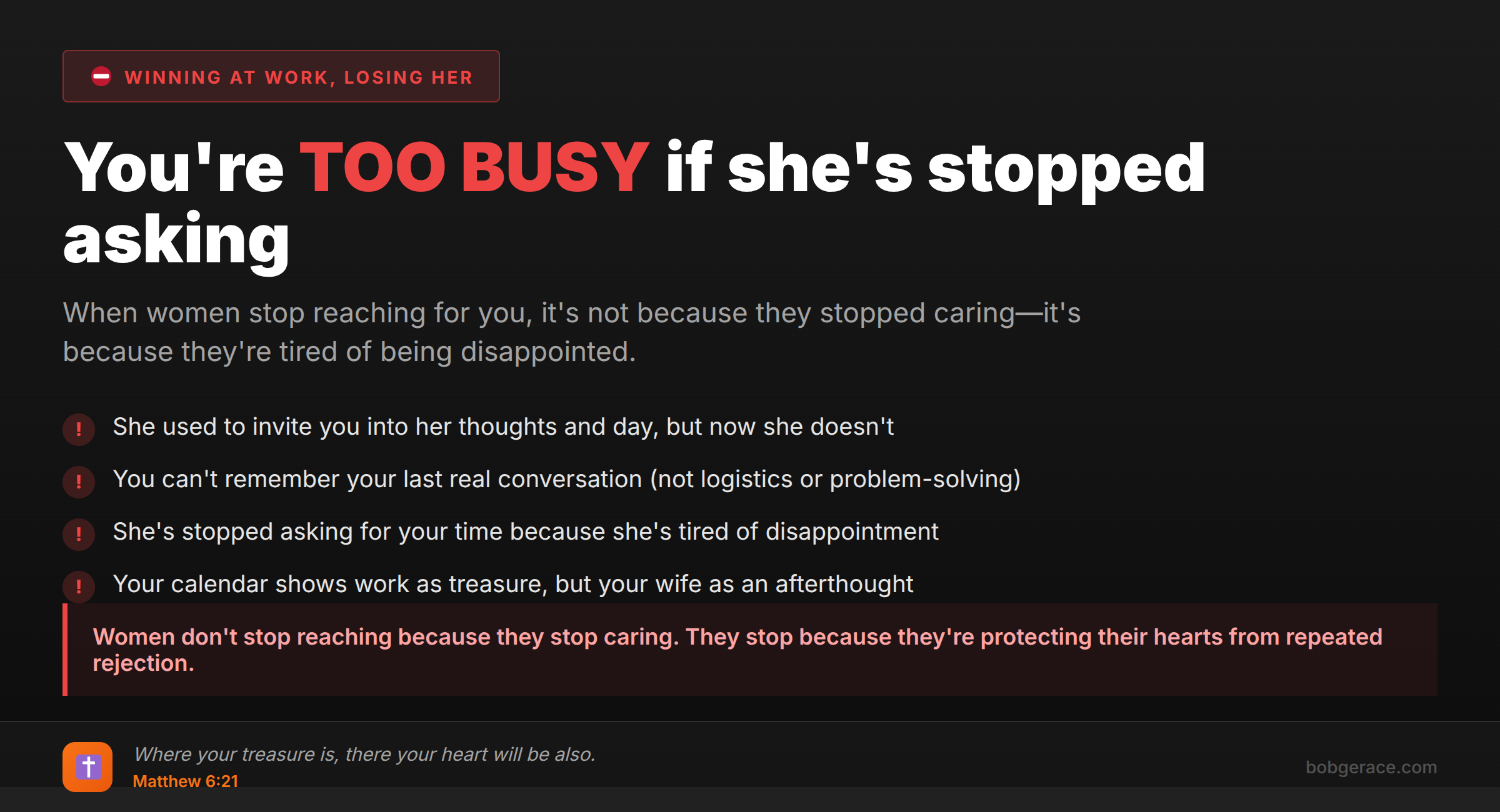 Warning signs that a husband is too busy for his wife - marriage coaching advice for men who are losing their wives due to work priorities