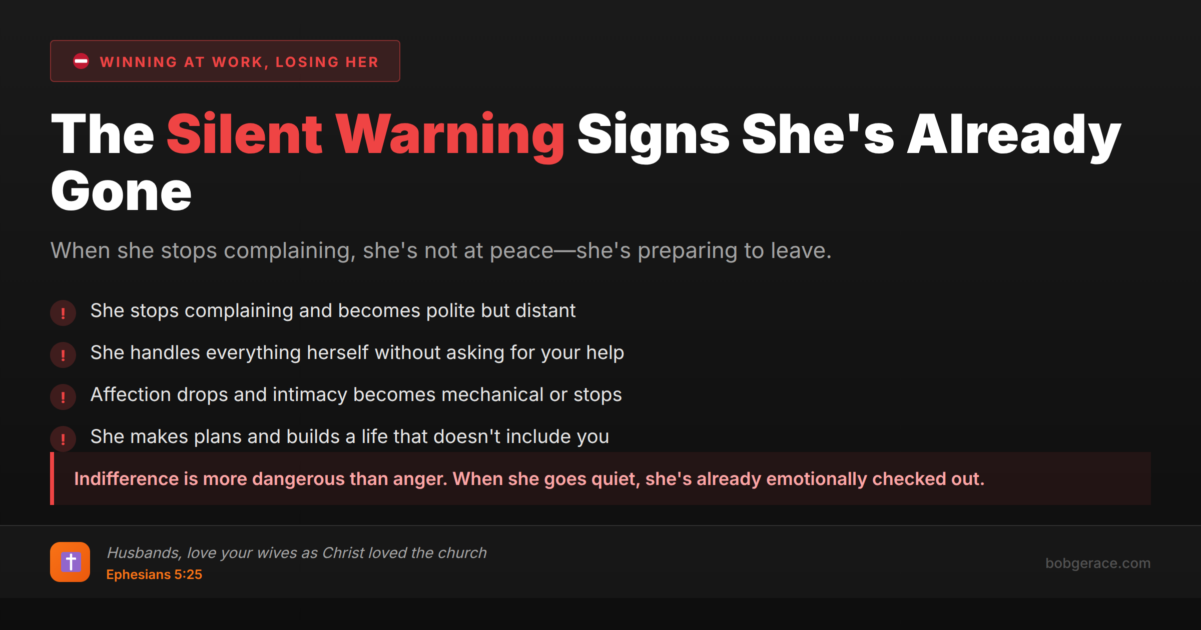 Marriage coaching advice showing warning signs that a wife is emotionally withdrawing and preparing to leave the relationship