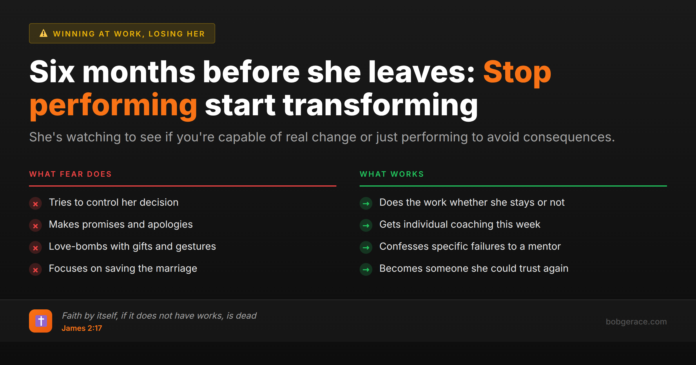 Marriage advice comparing ineffective fear-based responses vs effective transformation when wife is about to leave