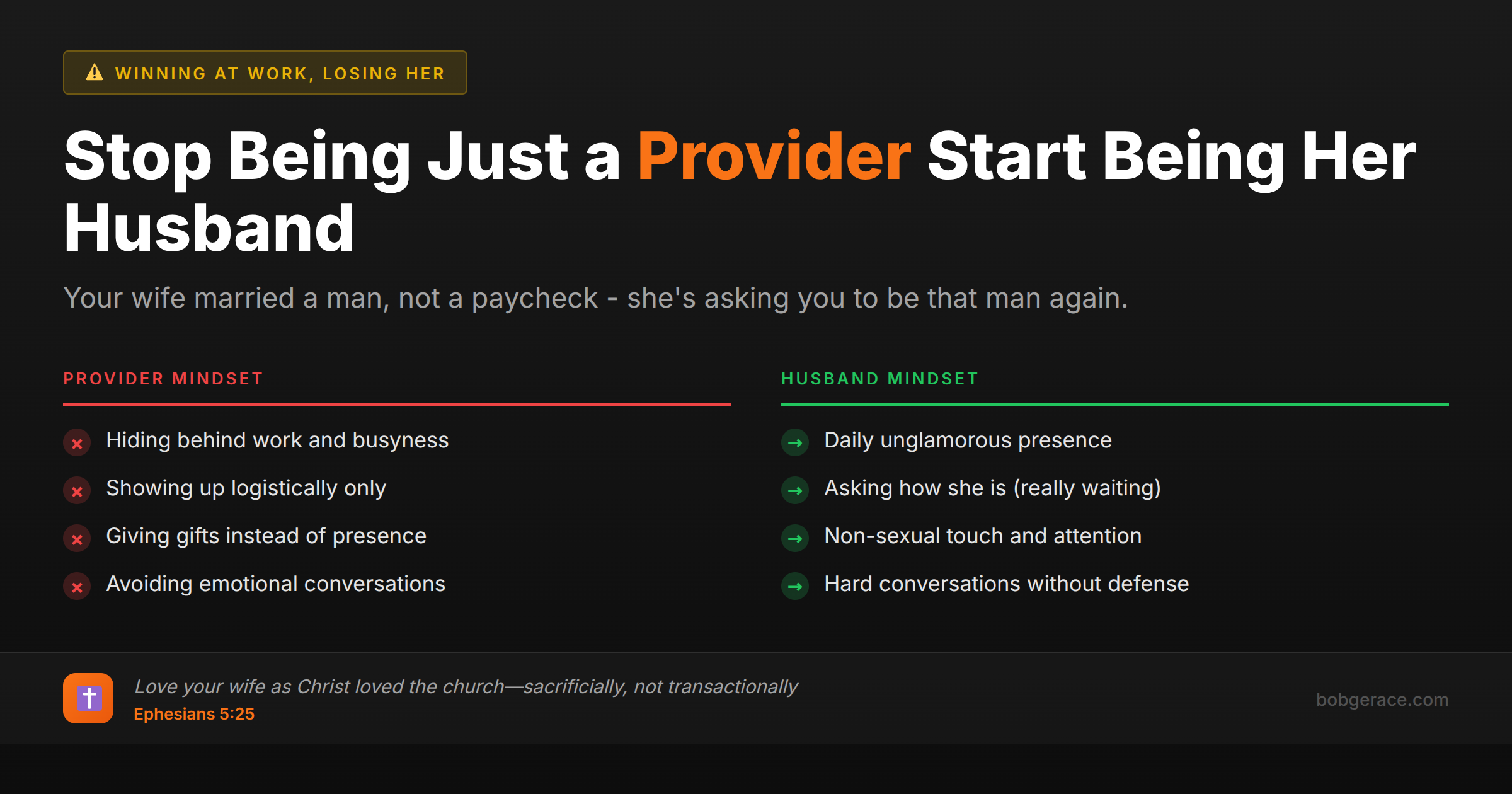 Marriage advice comparing provider mindset vs husband mindset - how to reconnect emotionally with your wife beyond just providing financially