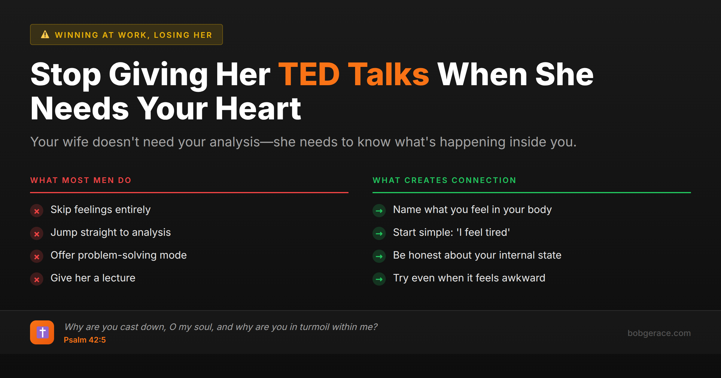 Marriage coaching advice comparing analytical responses versus emotional honesty for better connection with your wife