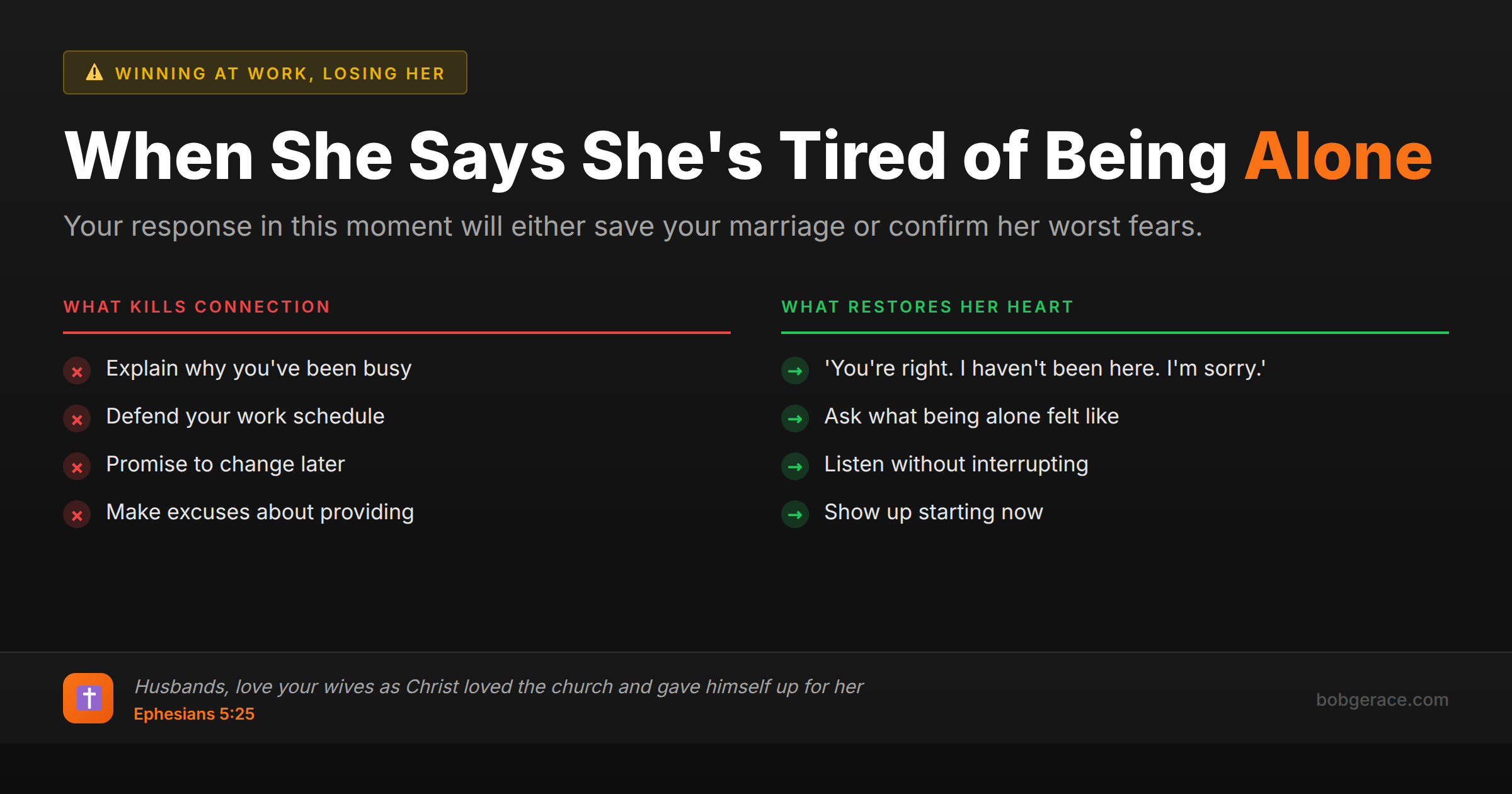 Marriage advice comparing wrong vs right responses when wife feels alone - what kills connection vs what restores her heart