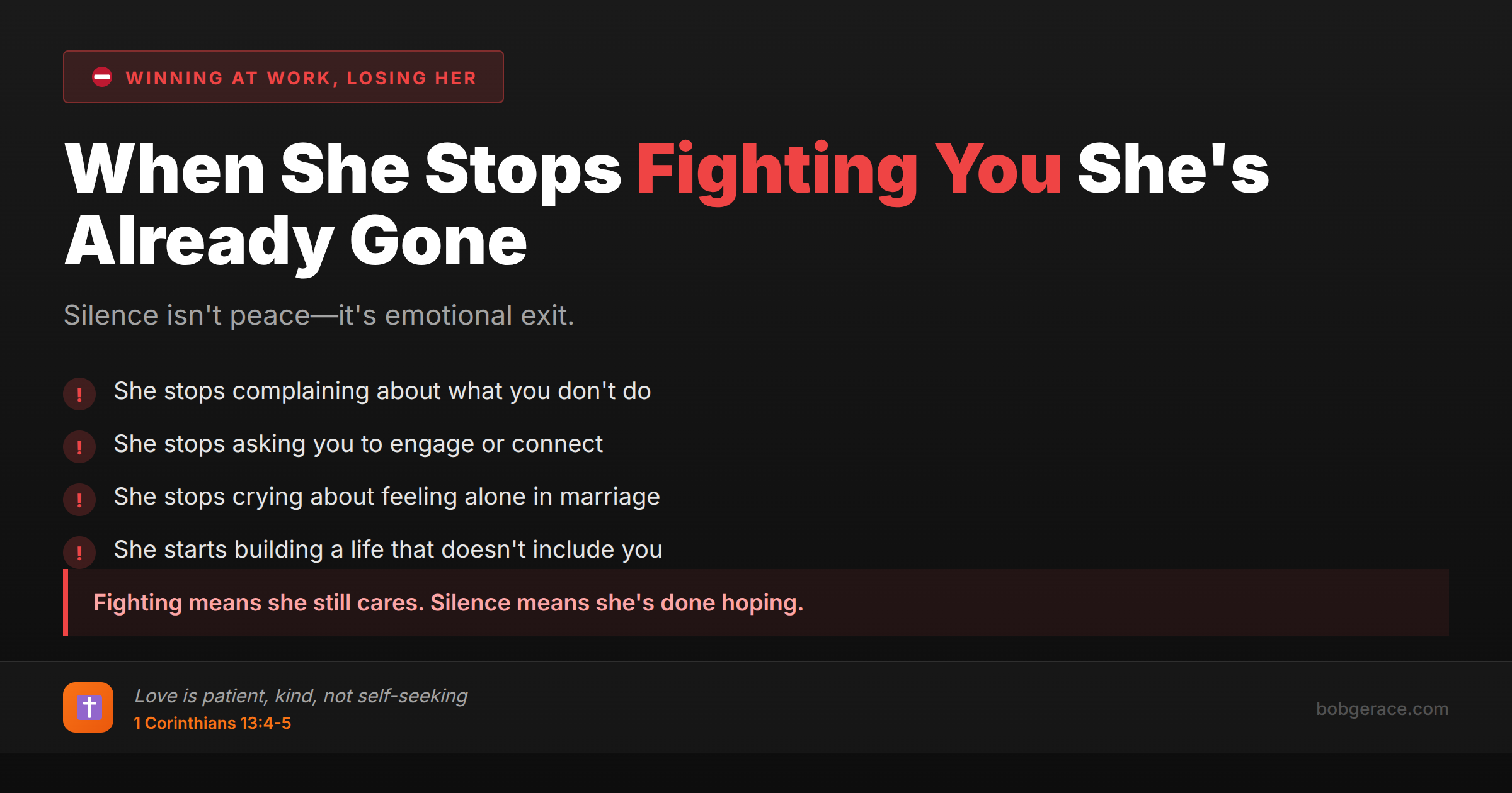 Marriage coaching warning signs when wife becomes silent instead of fighting - indicates emotional detachment