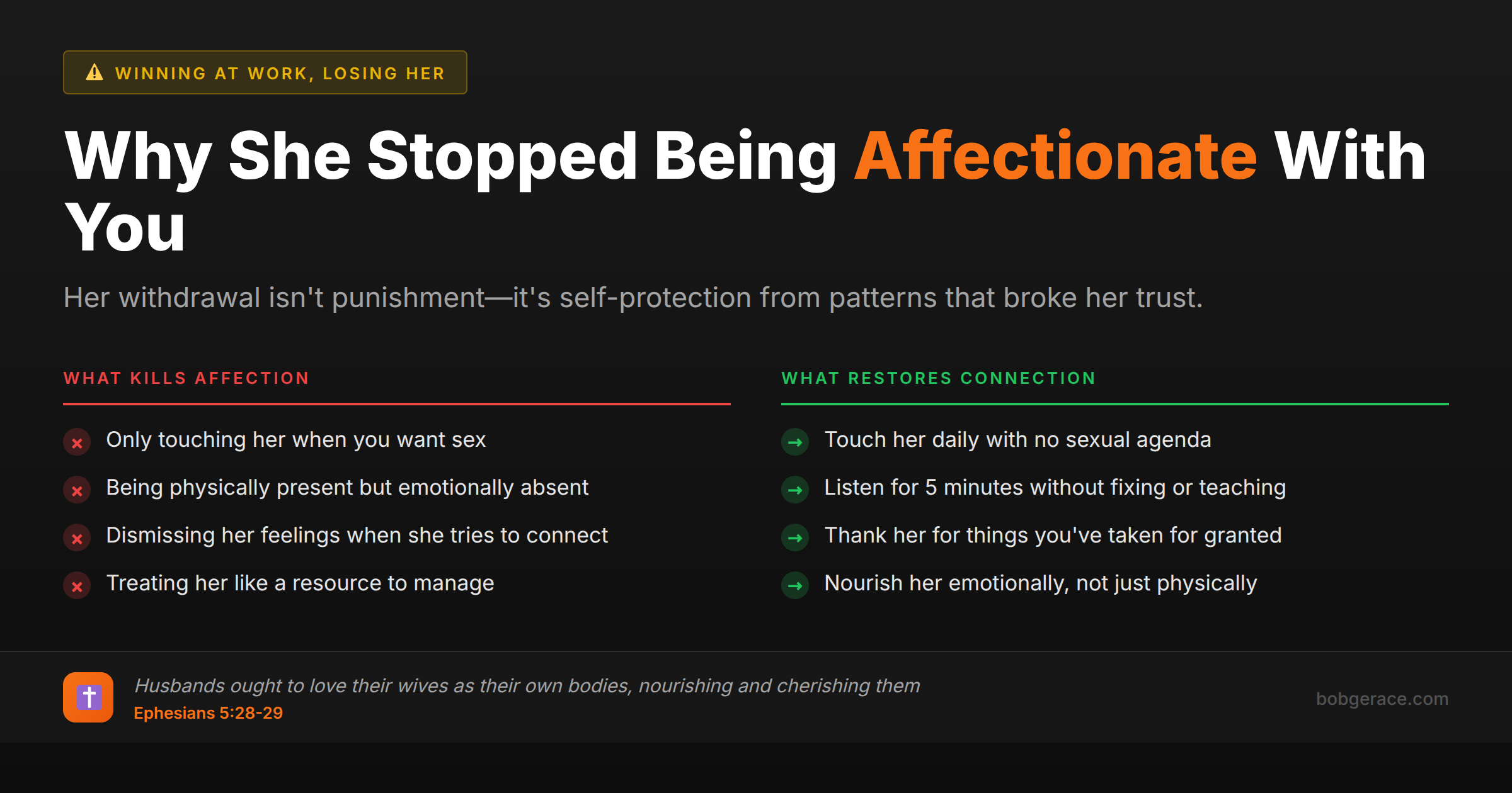 Marriage coaching advice comparing behaviors that kill affection versus those that restore connection between husband and wife