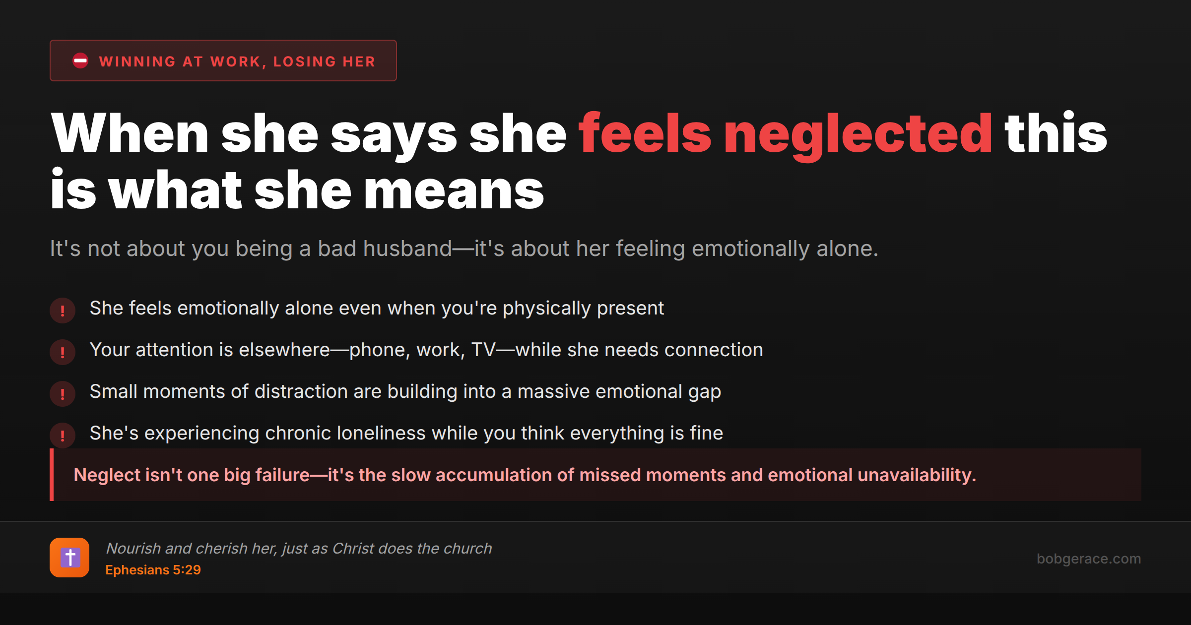 Marriage coaching advice explaining what it means when a wife feels neglected in marriage, with biblical guidance from Ephesians 5:29