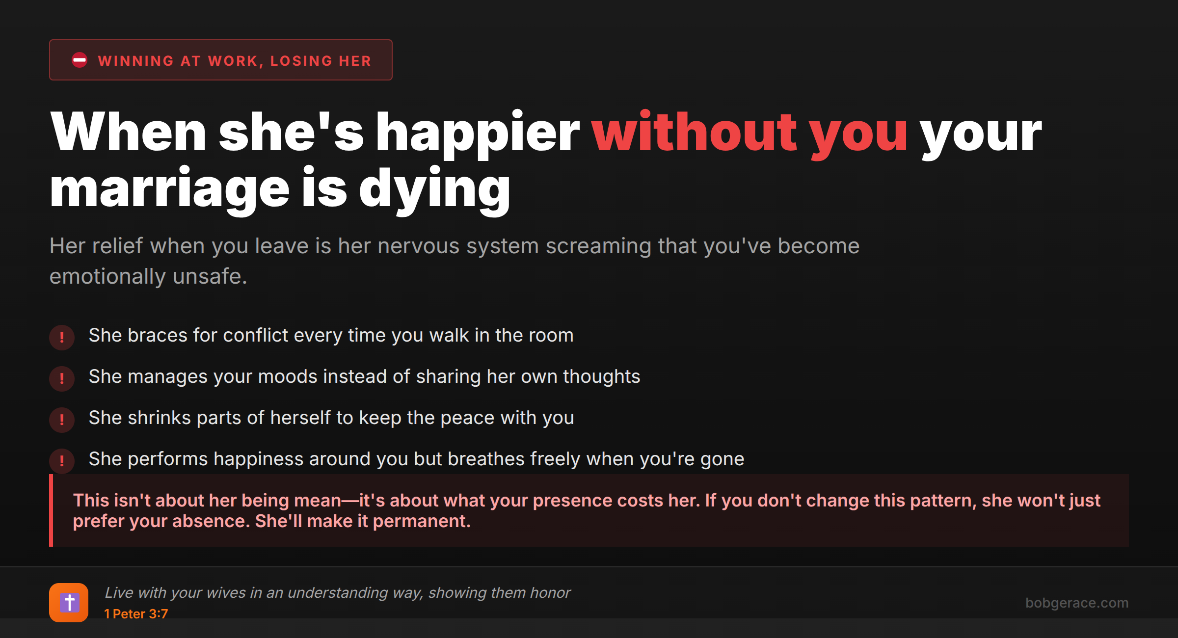 Marriage coaching advice about warning signs when wife seems happier without husband present, featuring Bible verse about showing honor and understanding