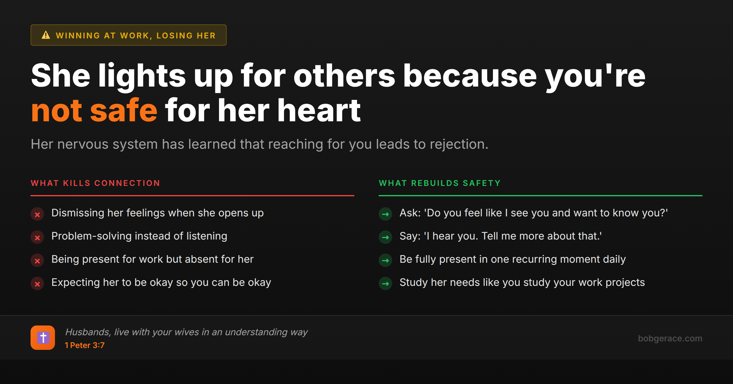 Marriage advice comparing behaviors that kill connection versus those that rebuild emotional safety between husband and wife