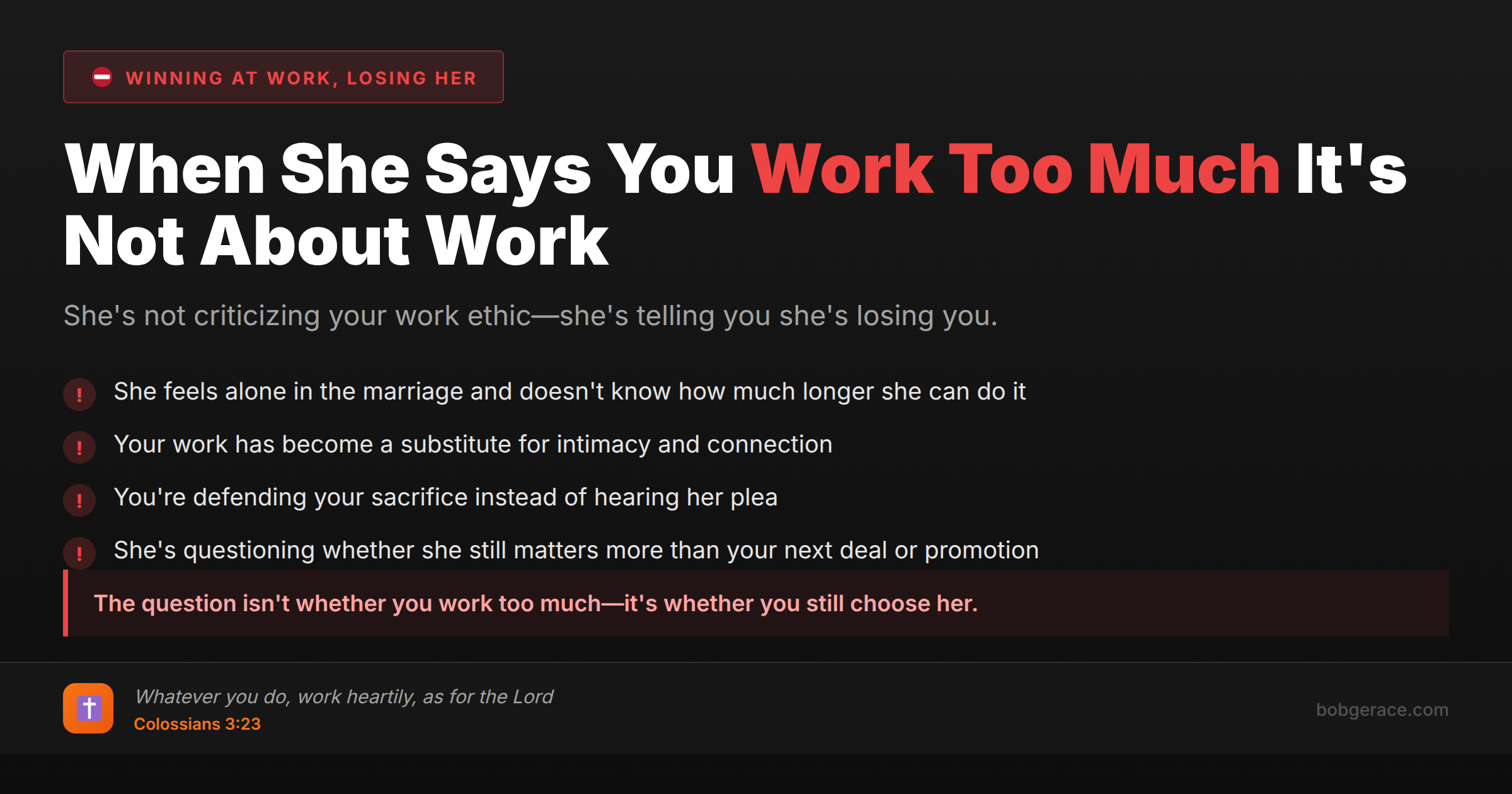 Marriage coaching advice for men whose wives say they work too much - warning signs of losing connection in marriage