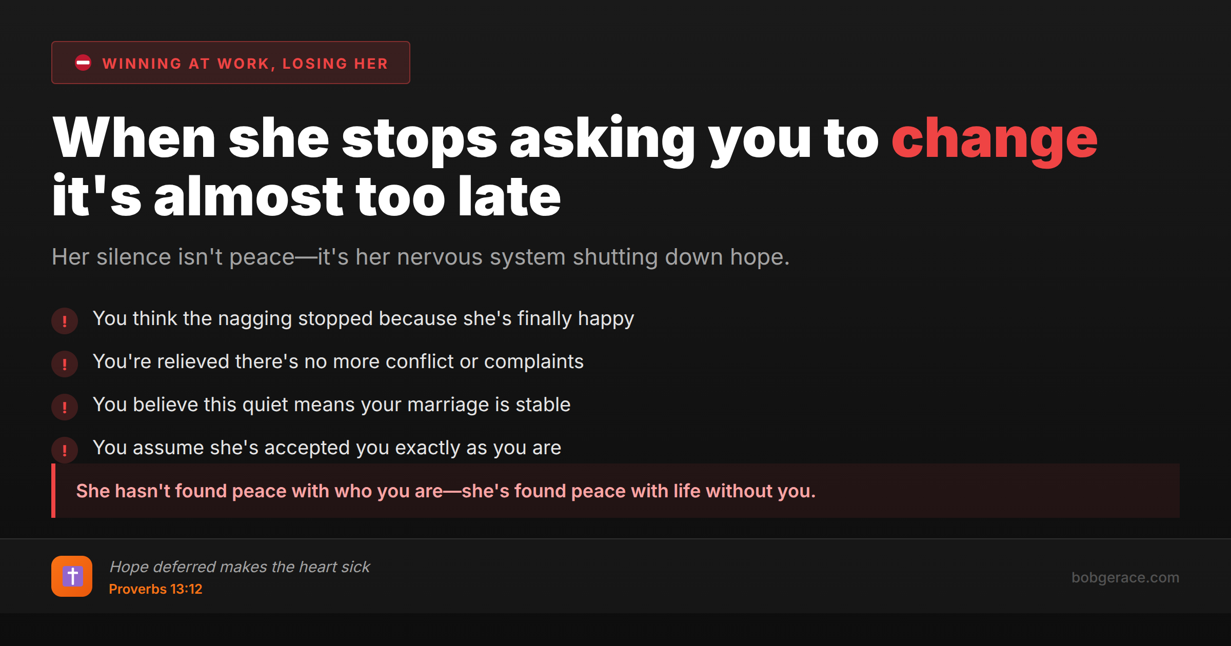 Marriage warning signs when wife stops asking husband to change - relationship coaching advice