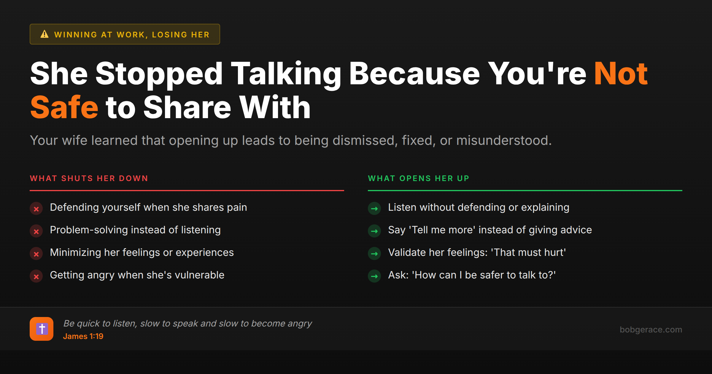 Marriage advice comparing behaviors that shut down communication versus those that encourage wives to open up and share
