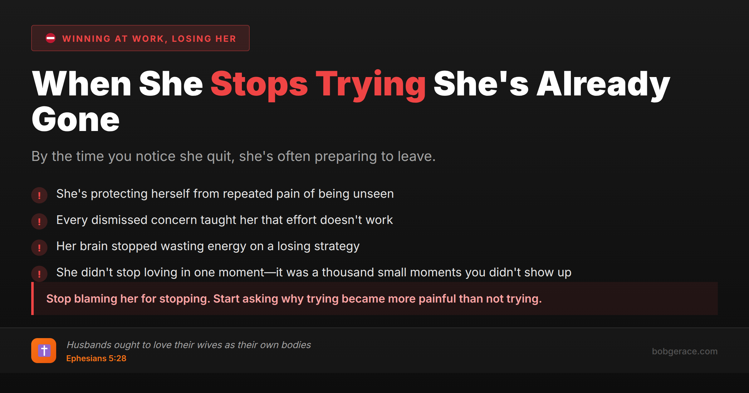 Marriage coaching warning signs when wife stops trying in relationship - shows red flags husbands miss