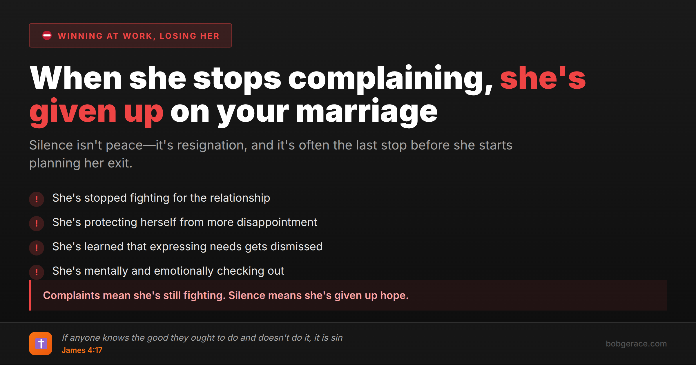Marriage coaching warning signs when wife stops complaining about loneliness - relationship advice for husbands